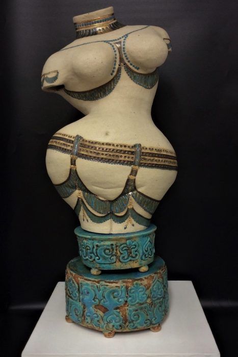 'goddess' original scuplture in stoneware (turquoise and gold lustre decoration)